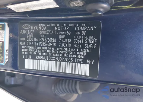 2007 Hyundai Veracruz Gls/Limited/Se from USA, damaged, VIN KM8NU13CX7U027095